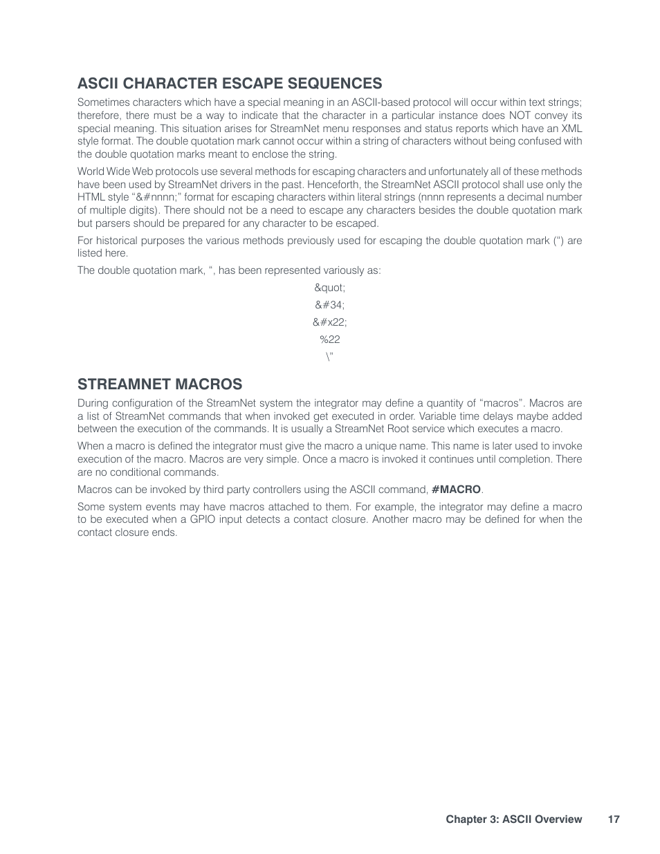 Ascii character escape sequences streamnet macros, Ascii character escape sequences, Streamnet macros | ClearOne StreamNet Integration User Manual | Page 23 / 55