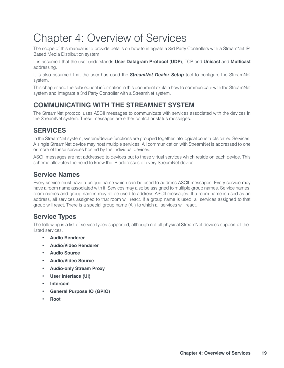 Chapter 4: overview of services, Communicating with the streamnet system services, Ervice | Ames, Ypes, Communicating with the streamnet system, Services, Service names, Service types | ClearOne StreamNet Integration User Manual | Page 25 / 55