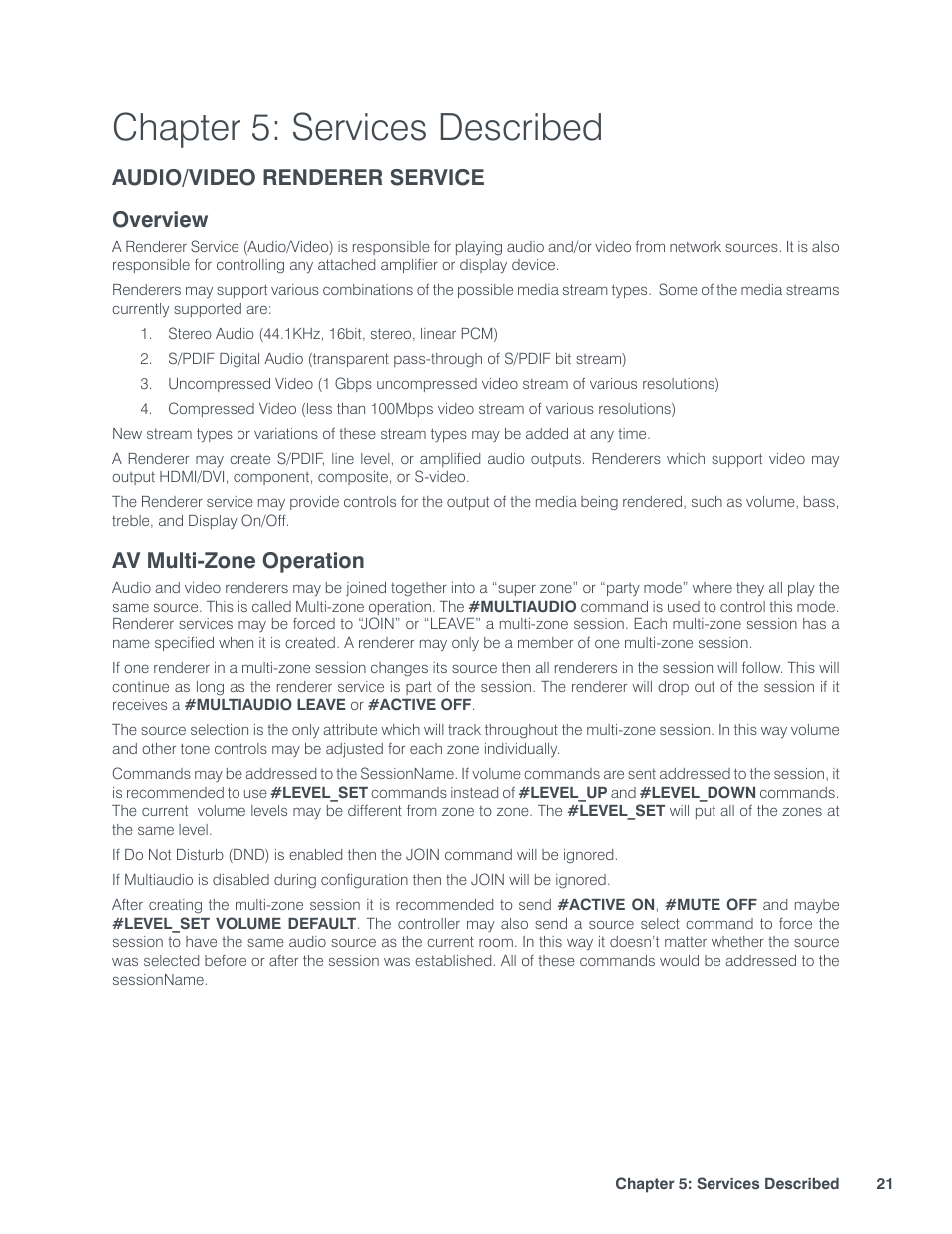 Chapter 5: services described, Audio/video renderer service, Verview | Av m, Ulti, Peration, Audio/video renderer service overview, Av multi-zone operation | ClearOne StreamNet Integration User Manual | Page 27 / 55