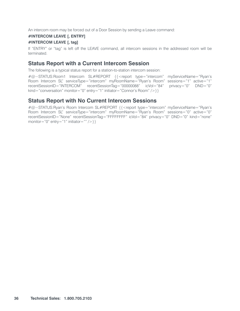 Tatus, Eport, With | Urrent, Ntercom, Ession, Essions, Status report with a current intercom session, Status report with no current intercom sessions | ClearOne StreamNet Integration User Manual | Page 42 / 55