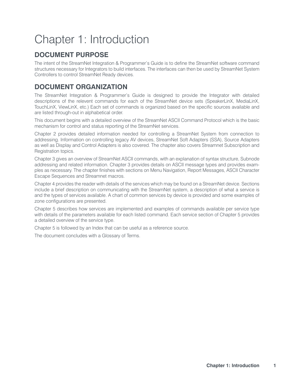Chapter 1: introduction, Document purpose document organization | ClearOne StreamNet Integration User Manual | Page 7 / 55