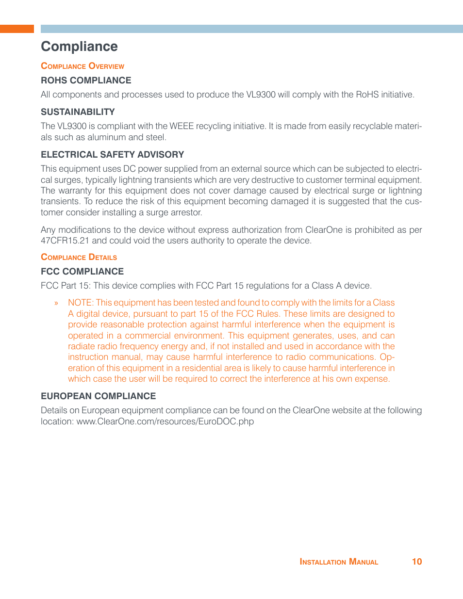 Compliance, Compliance overview, Rohs compliance | Sustainability, Electrical safety advisory, Compliance details, Fcc compliance, European compliance | ClearOne ViewLinX - VL9300 User Manual | Page 13 / 14