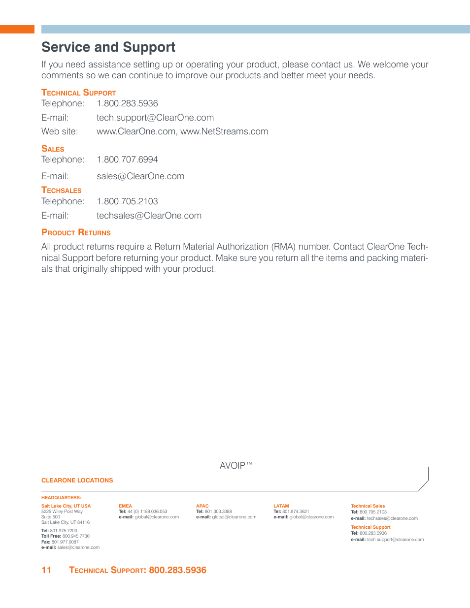 Service and support, Technical support, Techsales and customer service | Product returns, 11 t, Avoip | ClearOne ViewLinX - VL9300 User Manual | Page 14 / 14