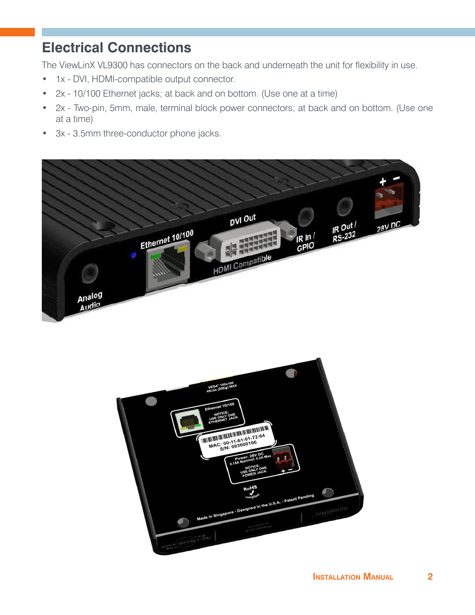 Electrical connections | ClearOne ViewLinX - VL9300 User Manual | Page 5 / 14
