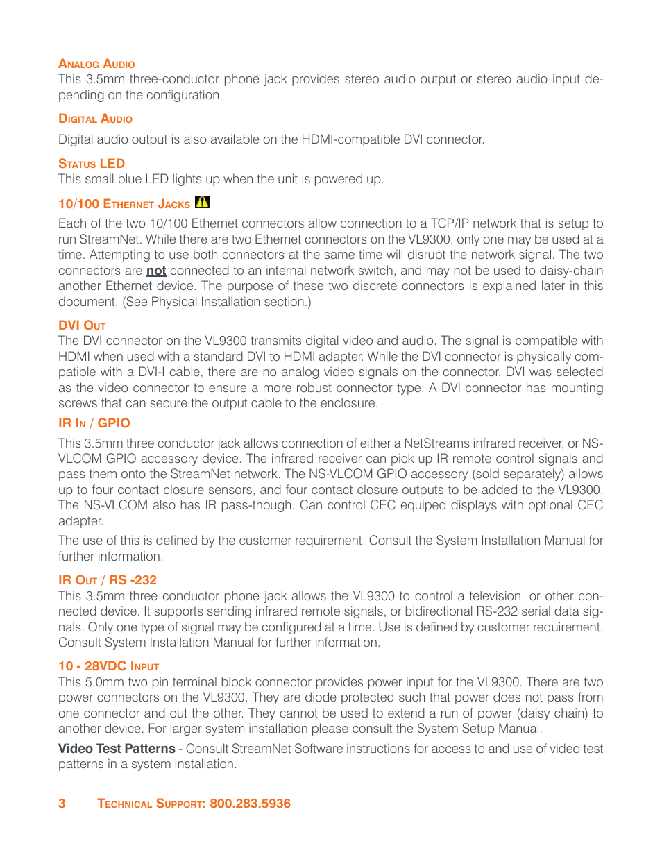 Analog audio, Digital audio, Status led | 10/100 ethernet jacks, Dvi out, Ir out / rs -232, 10 - 28vdc input | ClearOne ViewLinX - VL9300 User Manual | Page 6 / 14