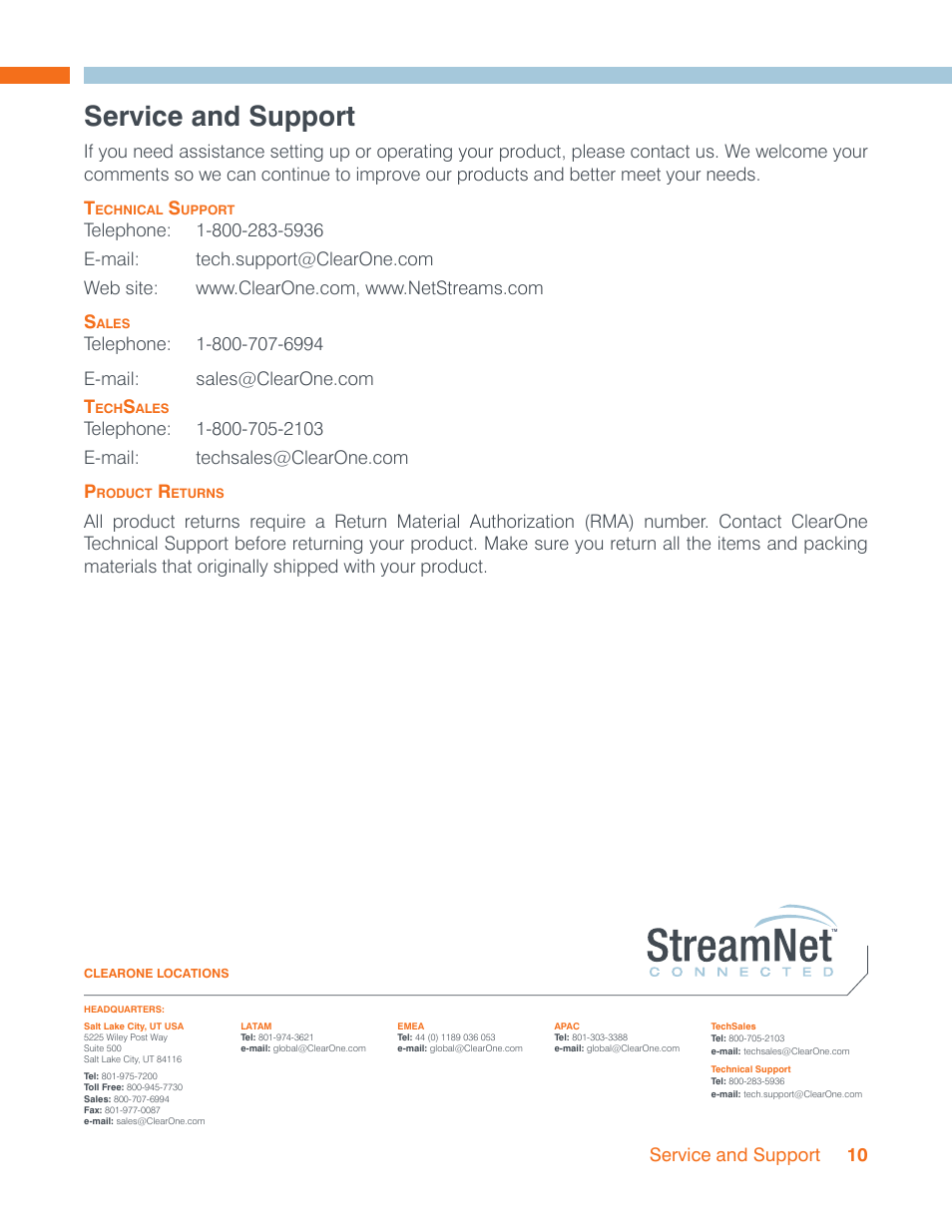 Service and support, Service and support 10 | ClearOne StreamNet StarDraw Control User Manual | Page 13 / 13