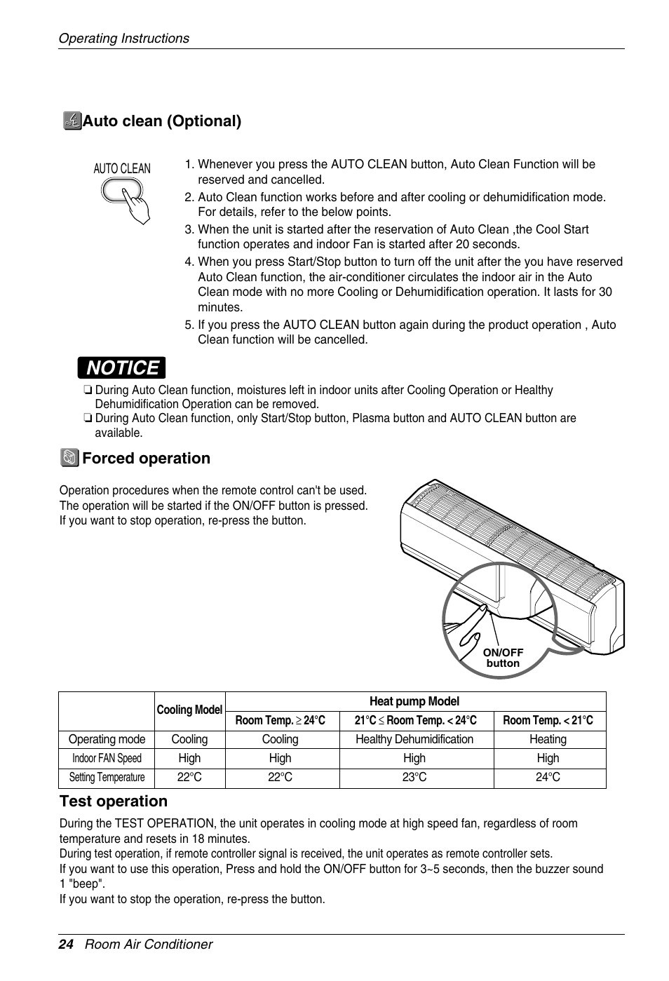 Notice, Auto clean (optional), Forced operation | Test operation | Beko LG-BKE 7800D User Manual | Page 24 / 29