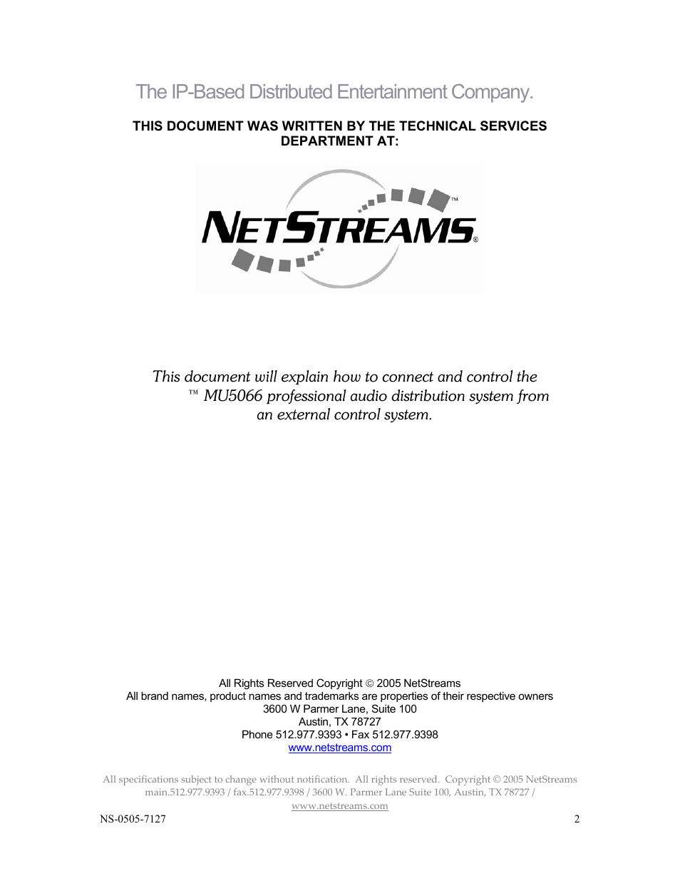 The ip-based distributed entertainment company, Musica | ClearOne NS-MU5066 User Manual | Page 2 / 24