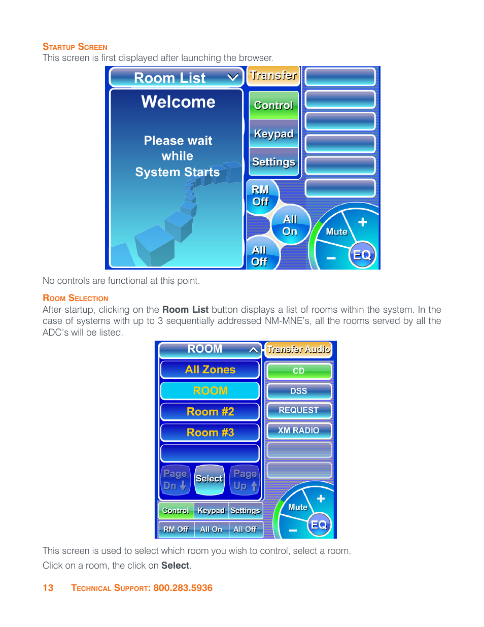Startup screen, Room selection, Startup screen room selection | ClearOne NS-MNE Musica Network User Manual | Page 16 / 31