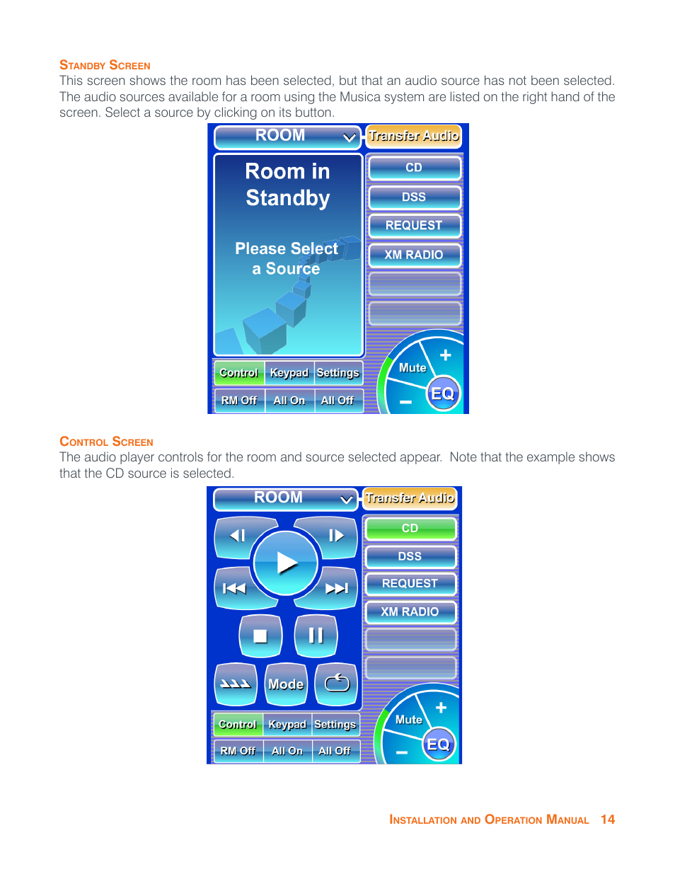 Standby screen, Control screen, Standby screen control screen | ClearOne NS-MNE Musica Network User Manual | Page 17 / 31