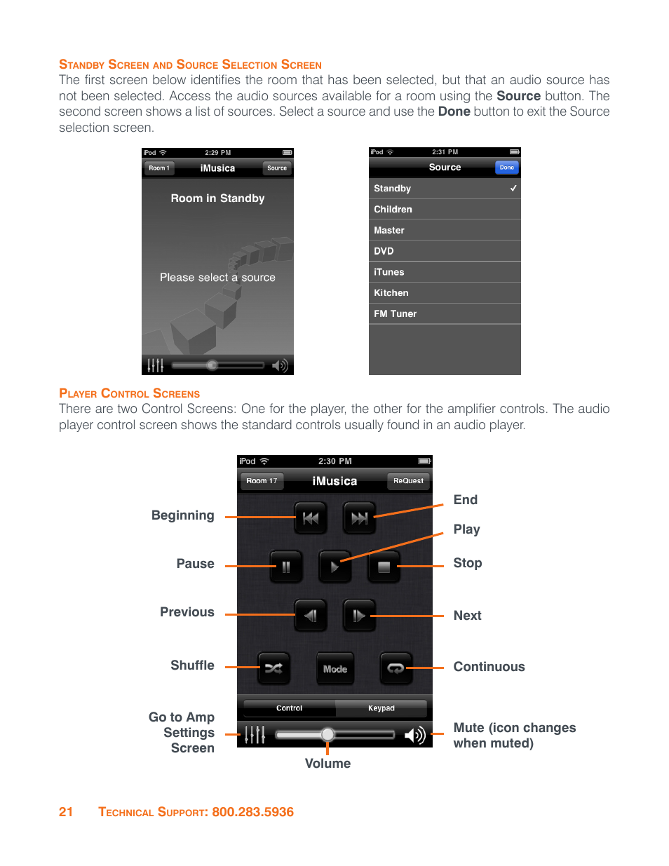 Standby screen and source selection screen, Player control screens | ClearOne NS-MNE Musica Network User Manual | Page 24 / 31