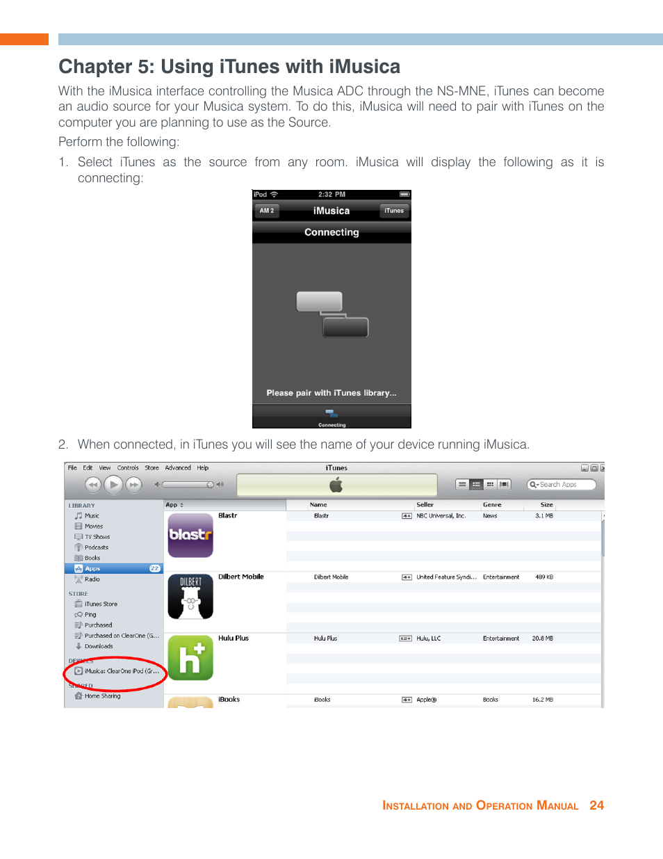 Chapter 5: operating itunes with imusica, Chapter 5: using itunes with imusica | ClearOne NS-MNE Musica Network User Manual | Page 27 / 31