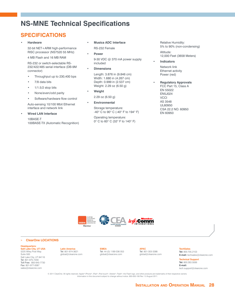 Ns-mne technical specifications, Specifications | ClearOne NS-MNE Musica Network User Manual | Page 31 / 31