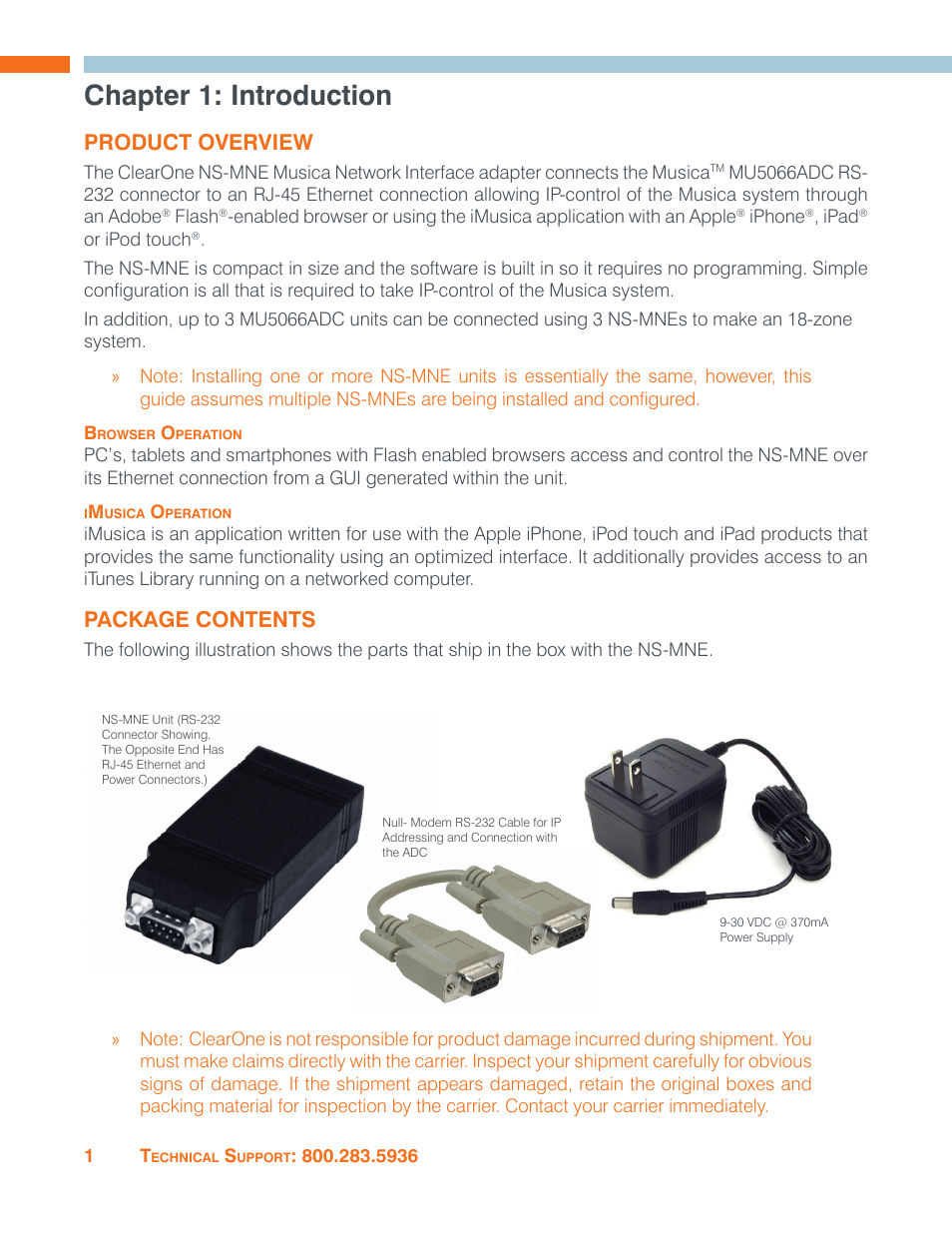 Chapter 1: introduction, Product overview, Browser operation | Imusica operation, Package contents, Browser operation imusica operation | ClearOne NS-MNE Musica Network User Manual | Page 4 / 31