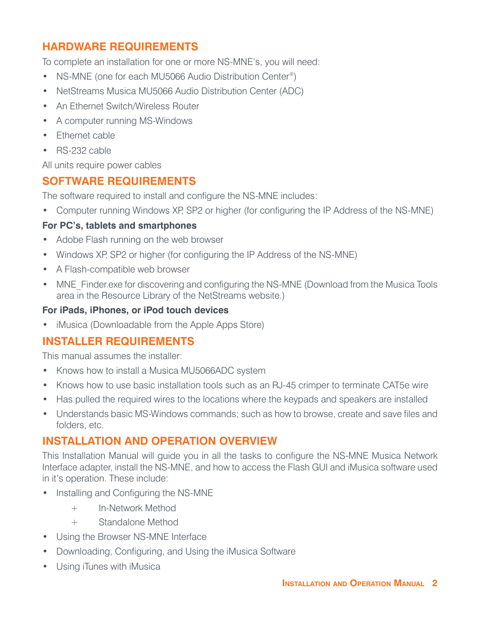 Hardware requirements, Software requirements, Installer requirements | Installation and operation overview | ClearOne NS-MNE Musica Network User Manual | Page 5 / 31