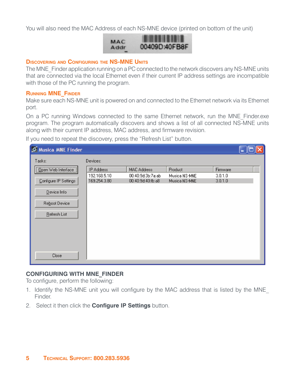 Discovering and configuring the ns-mne units, Running mne_finder, Configuring with mne_finder | ClearOne NS-MNE Musica Network User Manual | Page 8 / 31