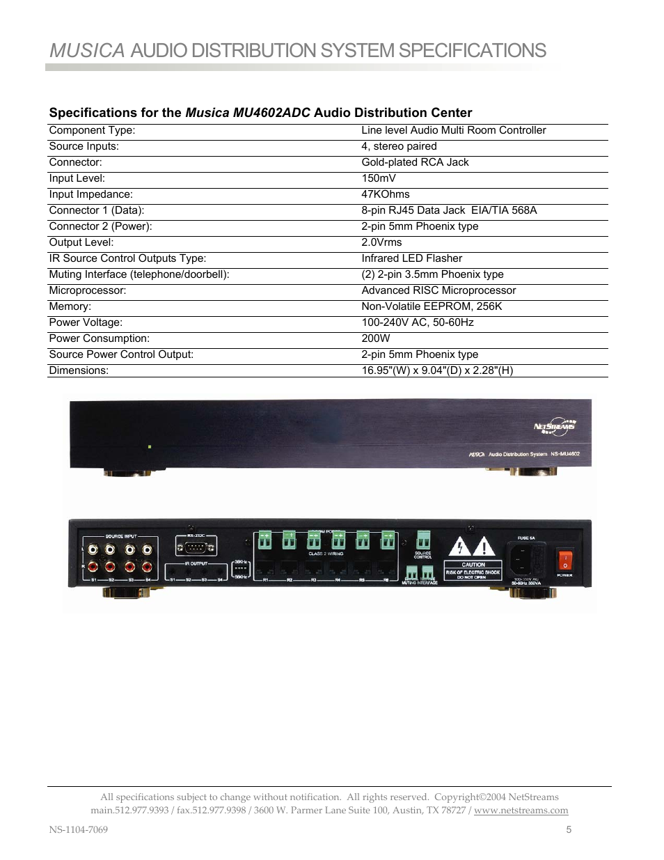 Musica audio distribution system specifications | ClearOne MU4602 User Manual | Page 9 / 35