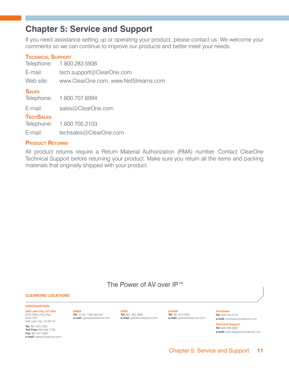 Chapter 5: service and support, The power of av over ip, Chapter 5: service and support 11 | ClearOne SLX300 SpeakerLinX User Manual | Page 15 / 15