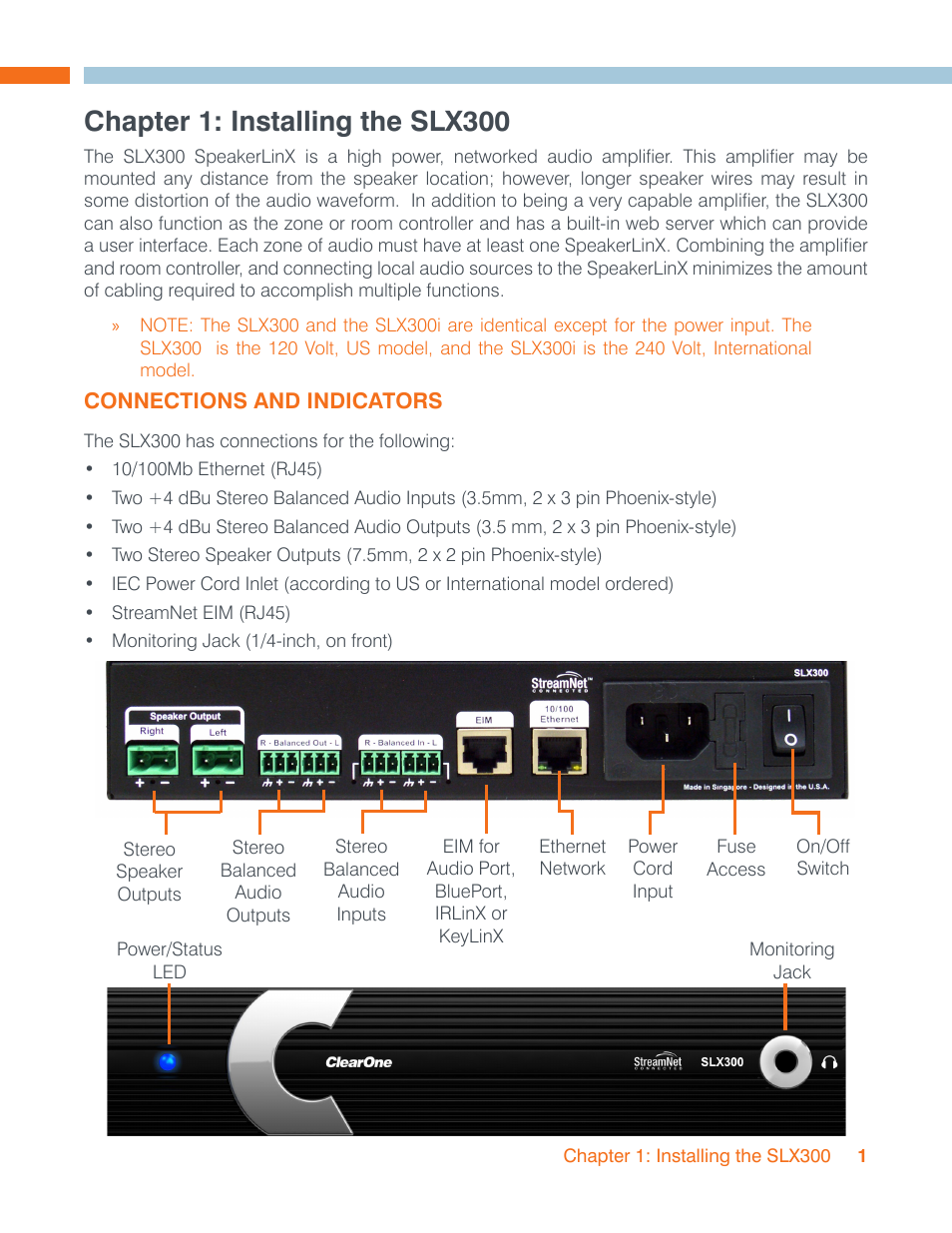 Chapter 1: installing the slx300, Connections and indicators | ClearOne SLX300 SpeakerLinX User Manual | Page 5 / 15