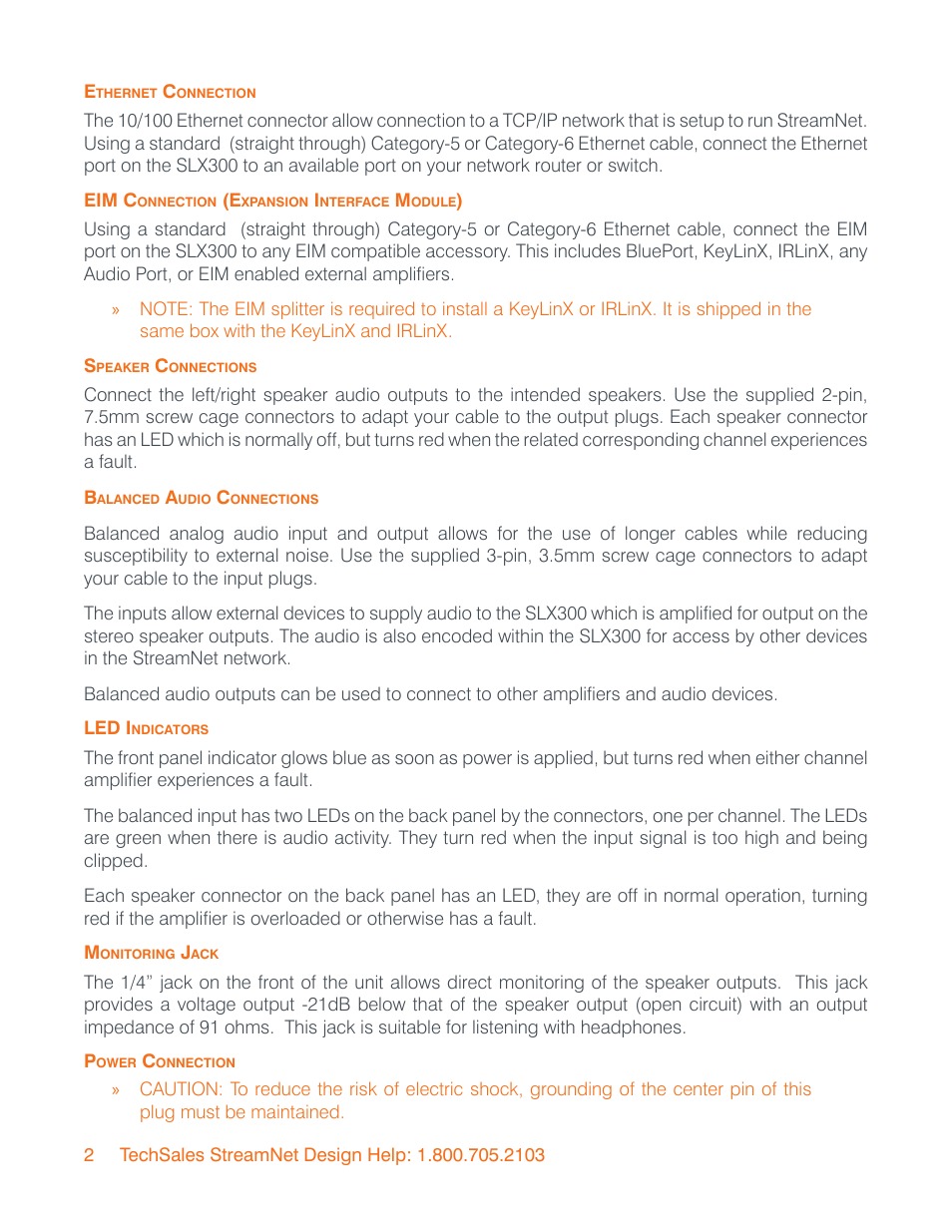 Ethernet connection, Eim connection (expansion interface module), Speaker connections | Balanced audio connections, Led indicators, Monitoring jack | ClearOne SLX300 SpeakerLinX User Manual | Page 6 / 15