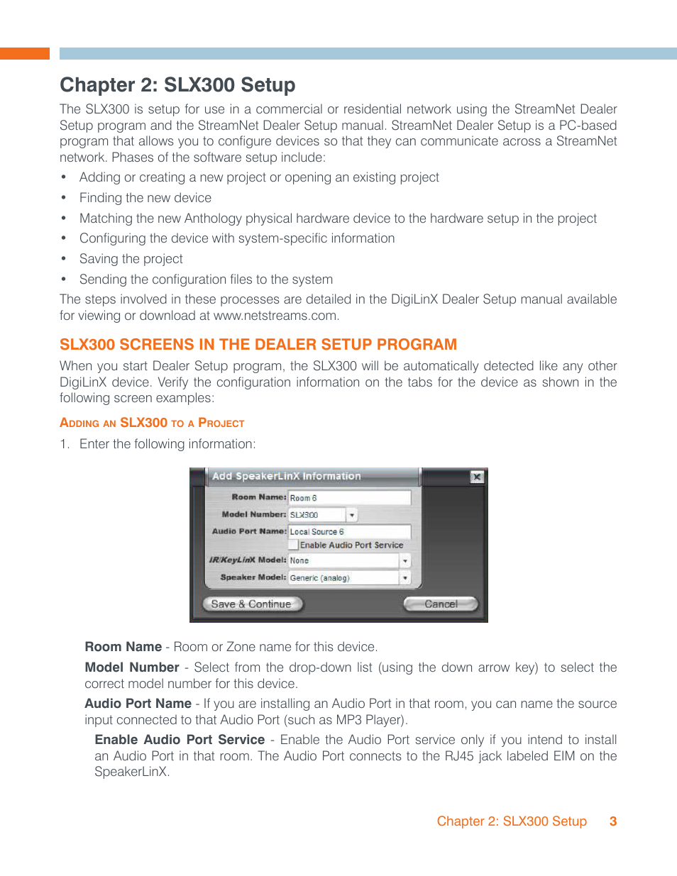 Power connection, Chapter 2: slx300 setup, Slx300 screens in the dealer setup program | Adding an slx300 to a project | ClearOne SLX300 SpeakerLinX User Manual | Page 7 / 15