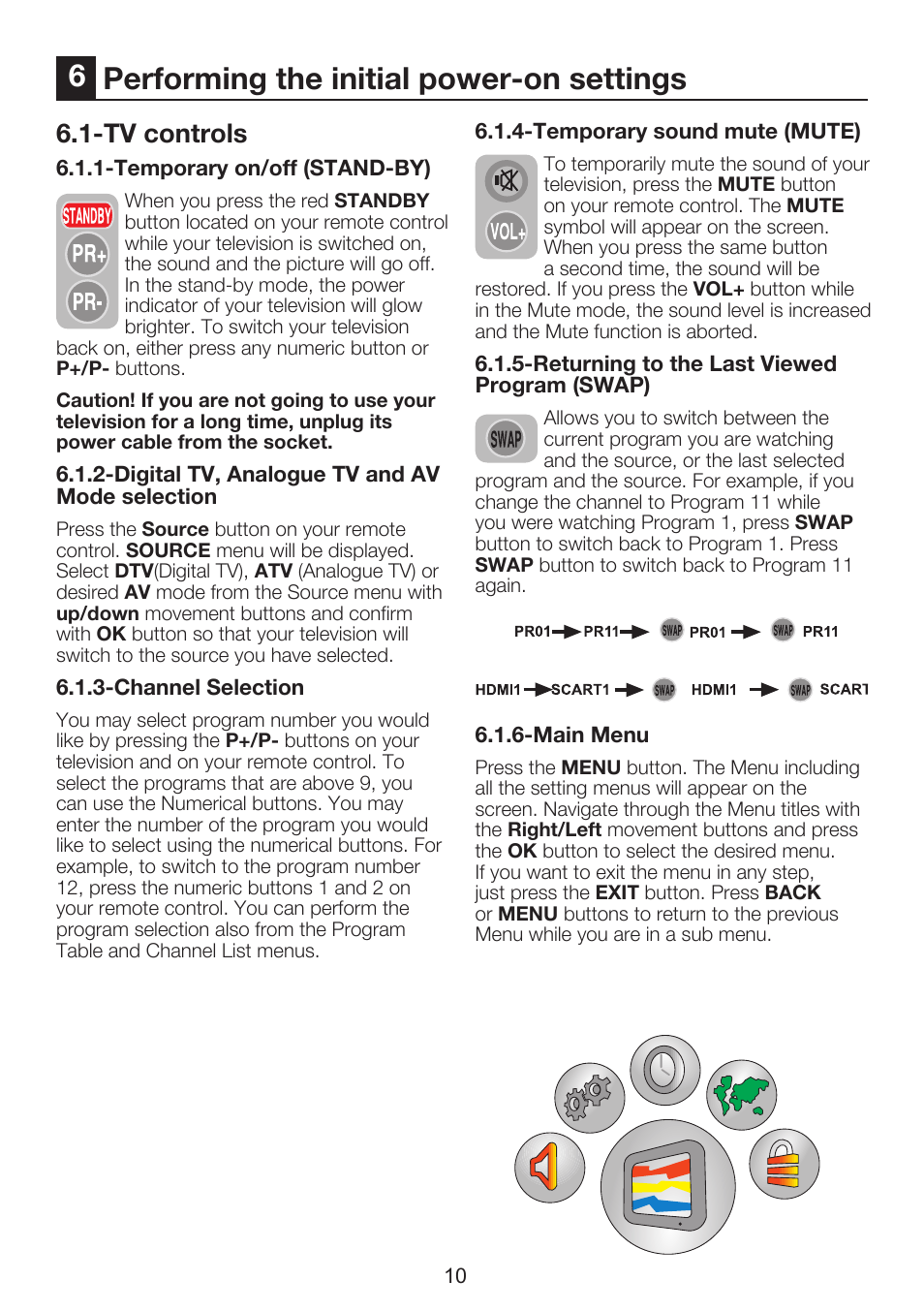 6performing the initial power-on settings, Tv controls | Beko 26WLZ530HID User Manual | Page 12 / 37