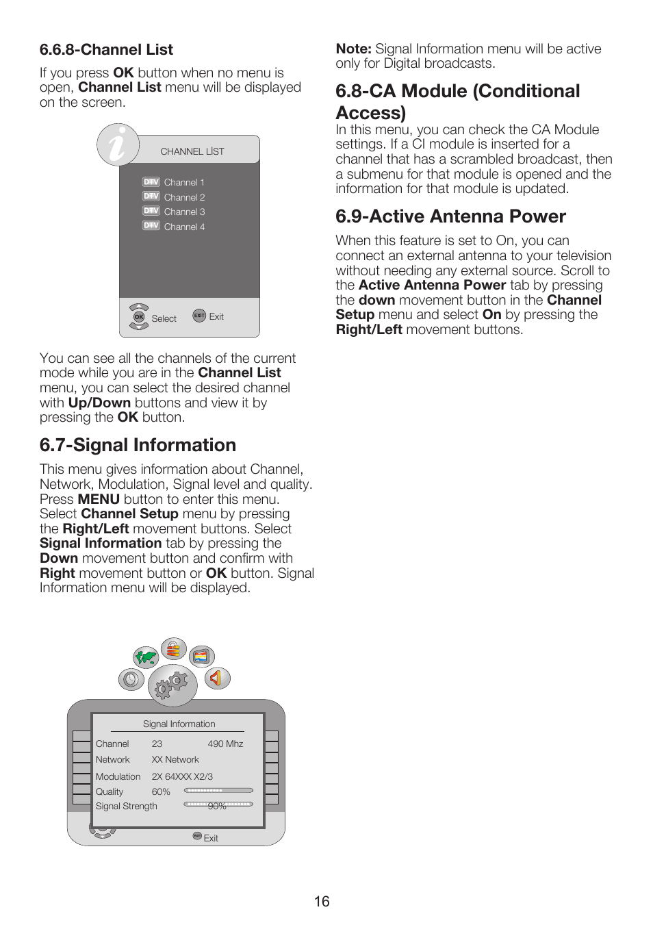 Signal information, Ca module (conditional access), Active antenna power | Beko 26WLZ530HID User Manual | Page 18 / 37