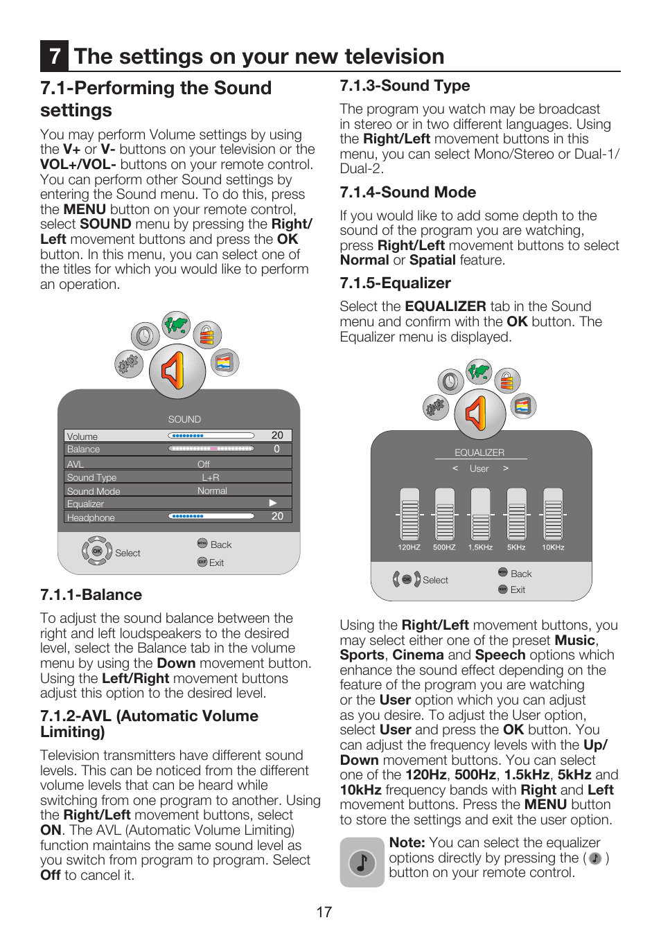 7the settings on your new television, Performing the sound settings | Beko 26WLZ530HID User Manual | Page 19 / 37