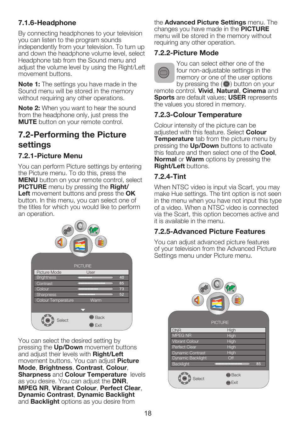 Performing the picture settings, Headphone, Picture menu | Picture mode, Colour temperature, Tint, Advanced picture features | Beko 26WLZ530HID User Manual | Page 20 / 37