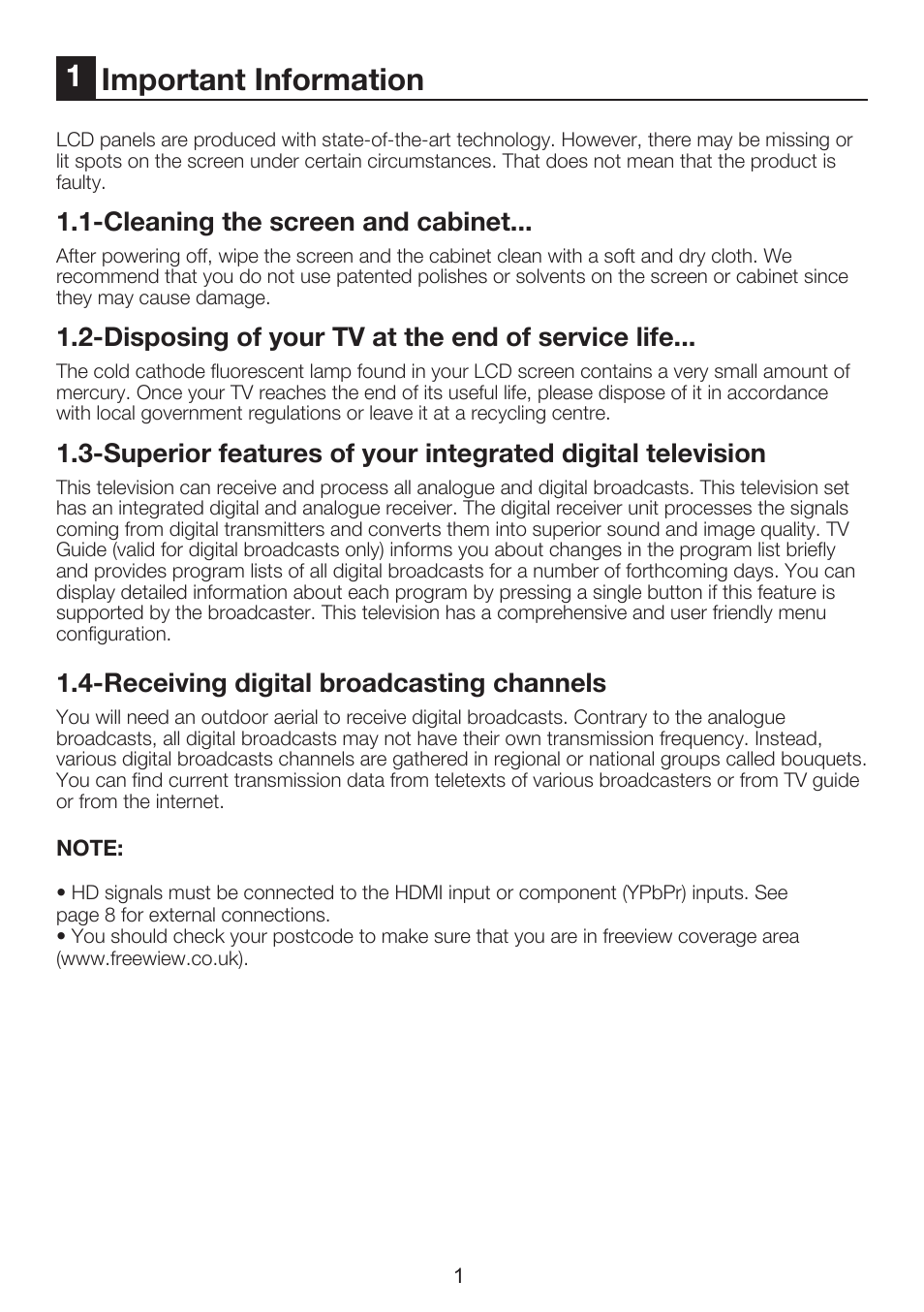 1important information, Cleaning the screen and cabinet, Disposing of your tv at the end of service life | Receiving digital broadcasting channels | Beko 26WLZ530HID User Manual | Page 3 / 37