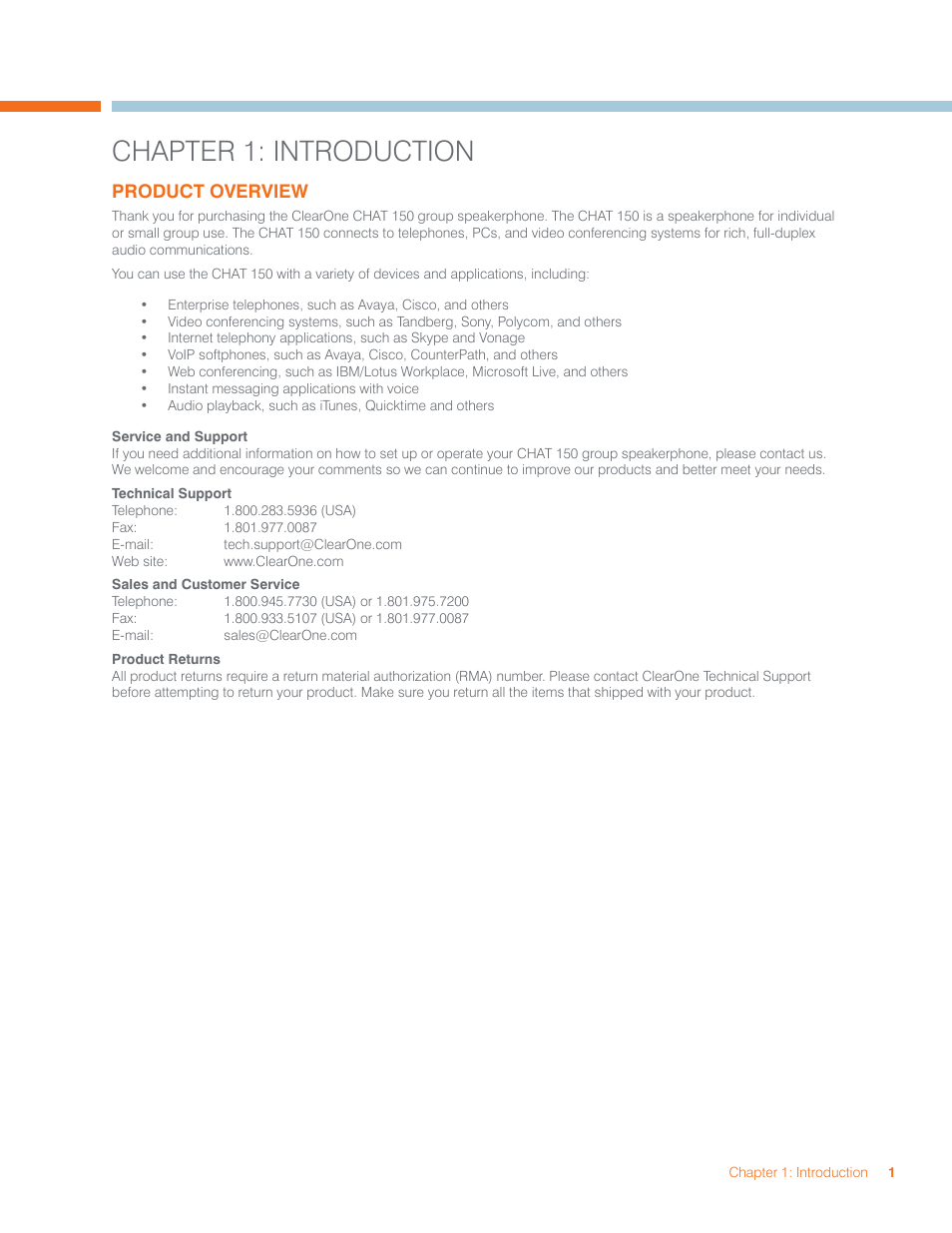 Chapter 1: introduction | ClearOne CHAT 150 User Manual | Page 4 / 66