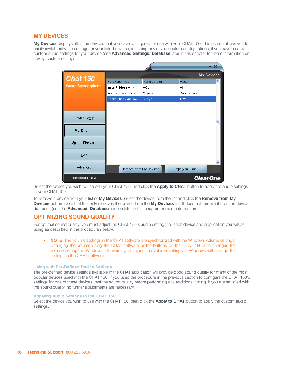 My devices optimizing sound quality | ClearOne 800-156-201 Rev2.5 CHAT150 User Manual | Page 19 / 33