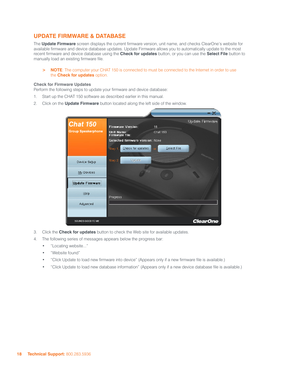 Update firmware & database, Check for firmware updates | ClearOne 800-156-201 Rev2.5 CHAT150 User Manual | Page 21 / 33