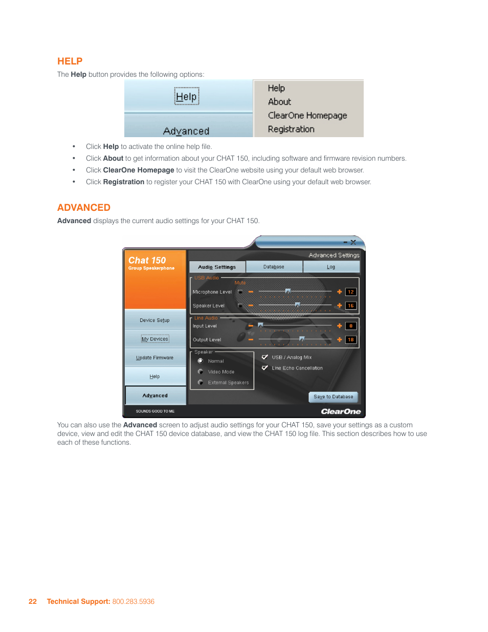 Help advanced, Help, Advanced | ClearOne 800-156-201 Rev2.5 CHAT150 User Manual | Page 25 / 33