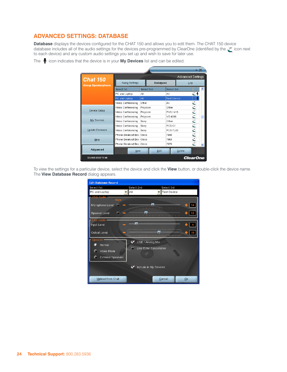 Advanced settings: database | ClearOne 800-156-201 Rev2.5 CHAT150 User Manual | Page 27 / 33