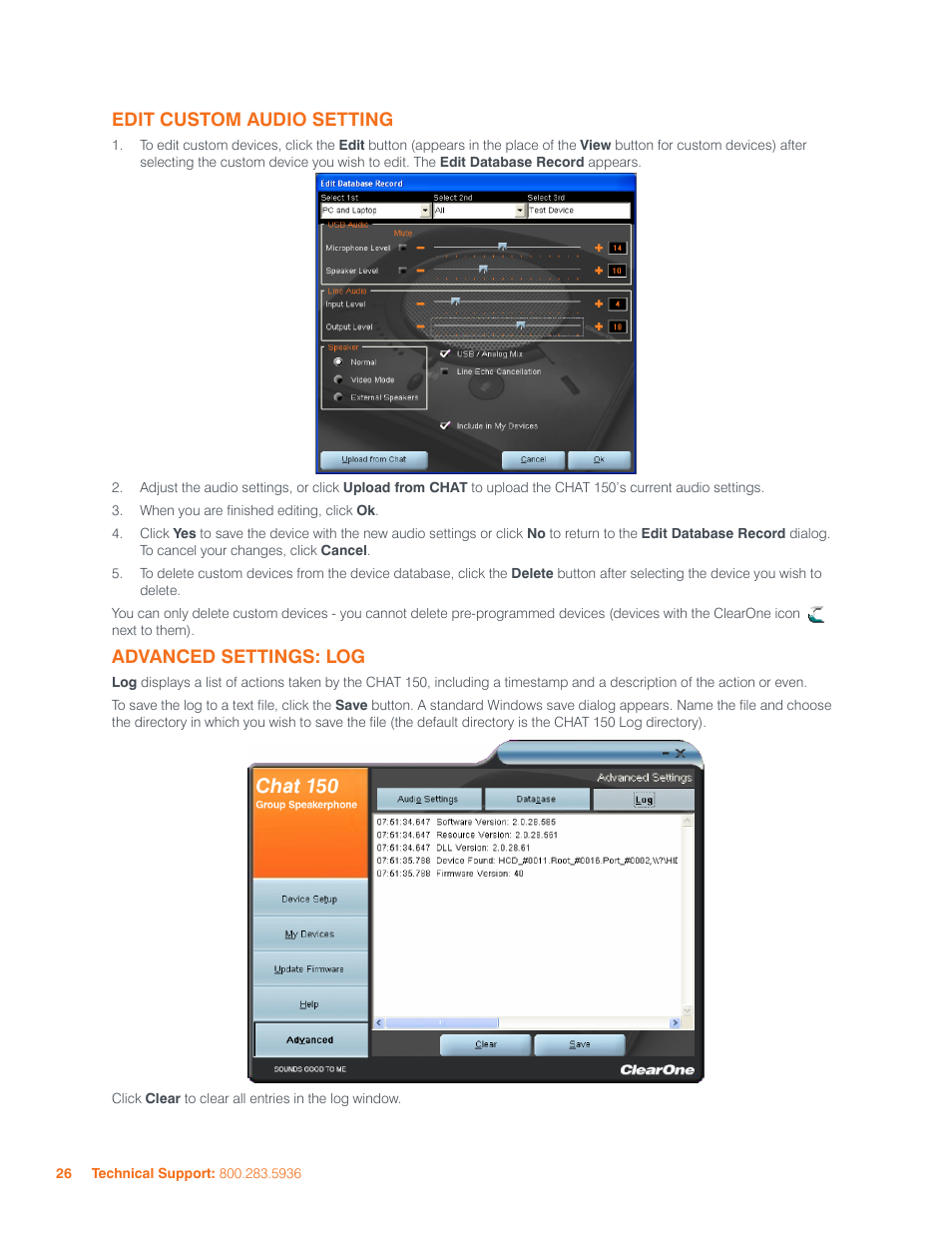 Edit custom audio setting advanced settings: log, Edit custom audio setting, Advanced settings: log | ClearOne 800-156-201 Rev2.5 CHAT150 User Manual | Page 29 / 33