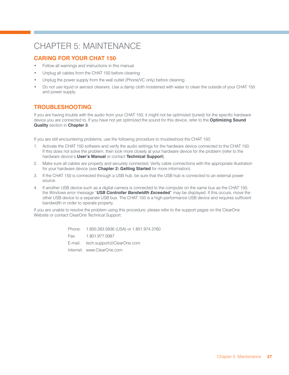 Chapter 5: maintenance, Caring for your chat 150 troubleshooting | ClearOne 800-156-201 Rev2.5 CHAT150 User Manual | Page 30 / 33