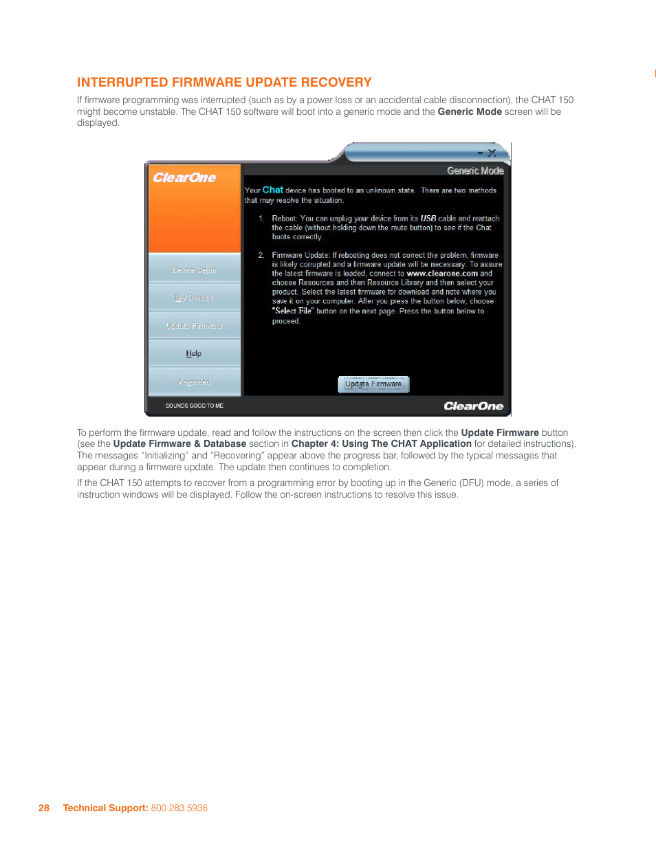 Interrupted firmware update recovery | ClearOne 800-156-201 Rev2.5 CHAT150 User Manual | Page 31 / 33