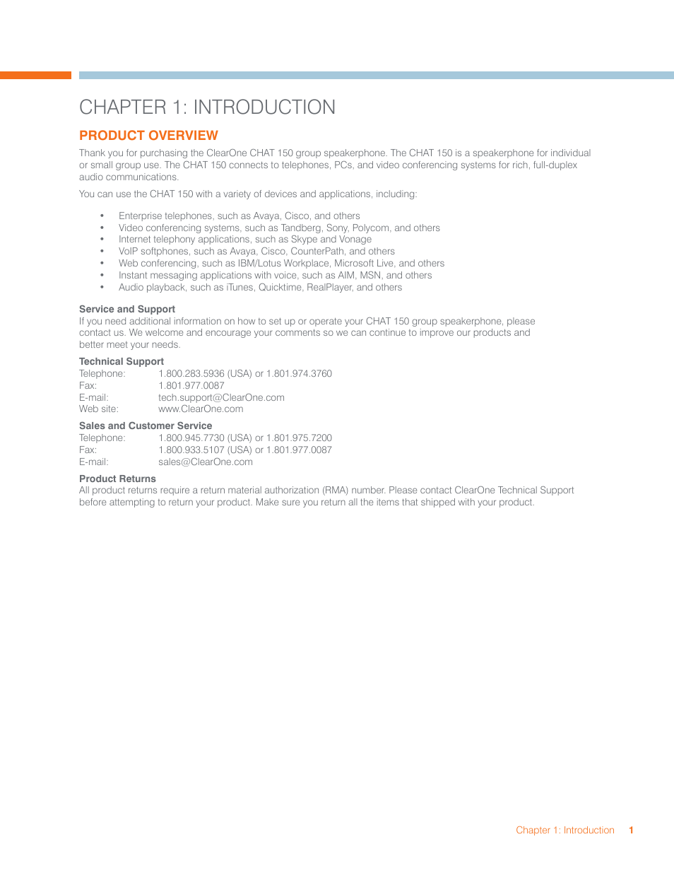 Chapter 1: introduction, Product overview | ClearOne 800-156-201 Rev2.5 CHAT150 User Manual | Page 4 / 33