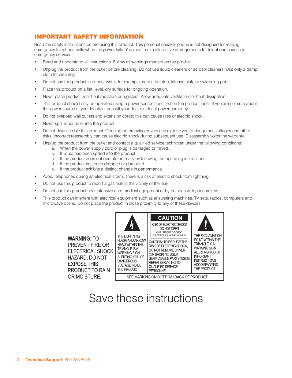 Save these instructions, Important safety information | ClearOne 800-156-201 Rev2.5 CHAT150 User Manual | Page 5 / 33