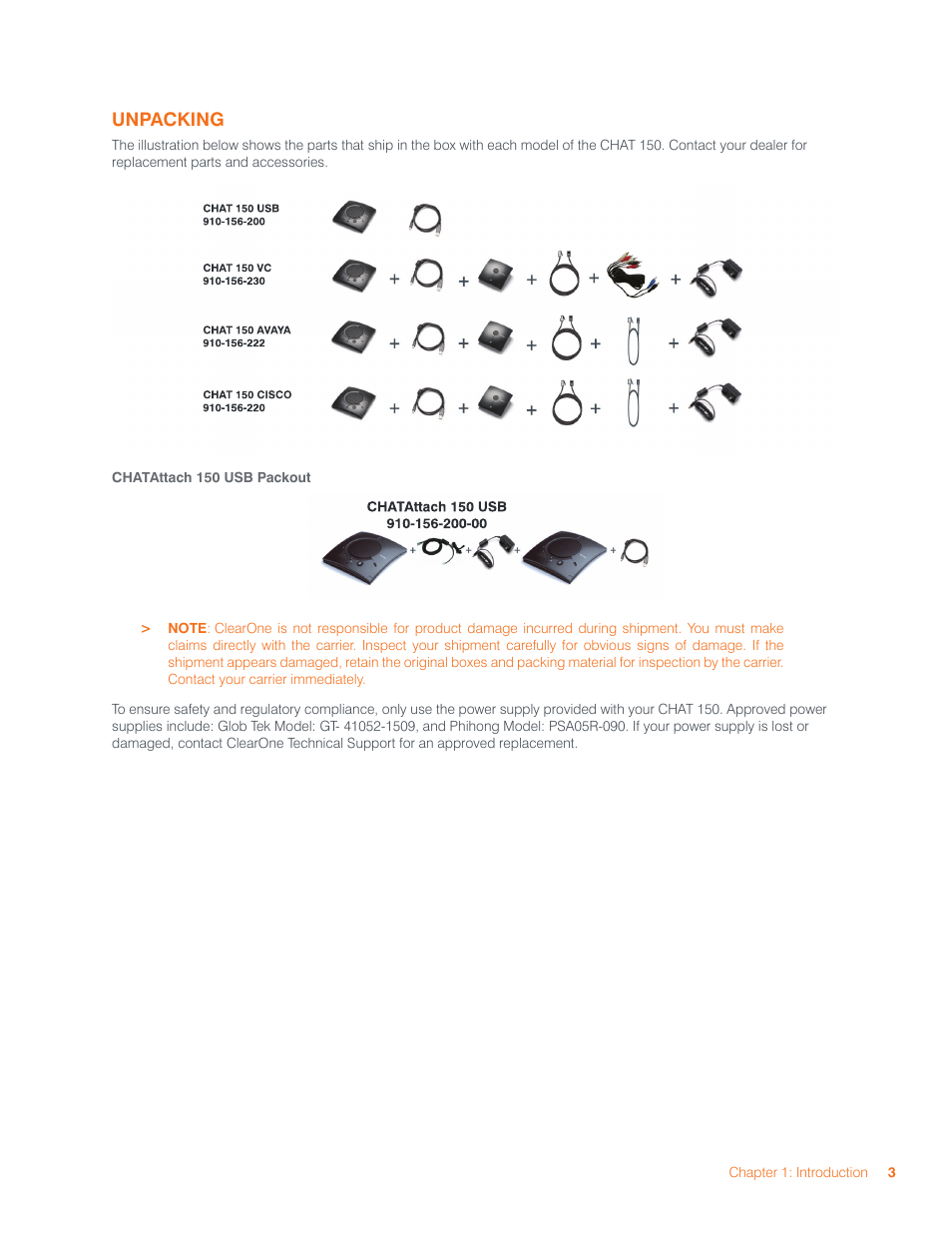 Unpacking, Chatattach 150 usb packout | ClearOne 800-156-201 Rev2.5 CHAT150 User Manual | Page 6 / 33