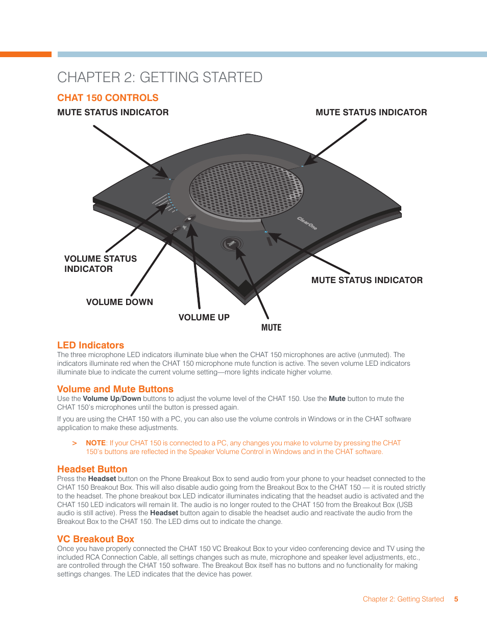 Chapter 2: getting started, Chat 150 controls, Led i | Ndicators, Olume, Uttons, Eadset, Utton, Vc b, Reakout | ClearOne 800-156-201 Rev2.5 CHAT150 User Manual | Page 8 / 33