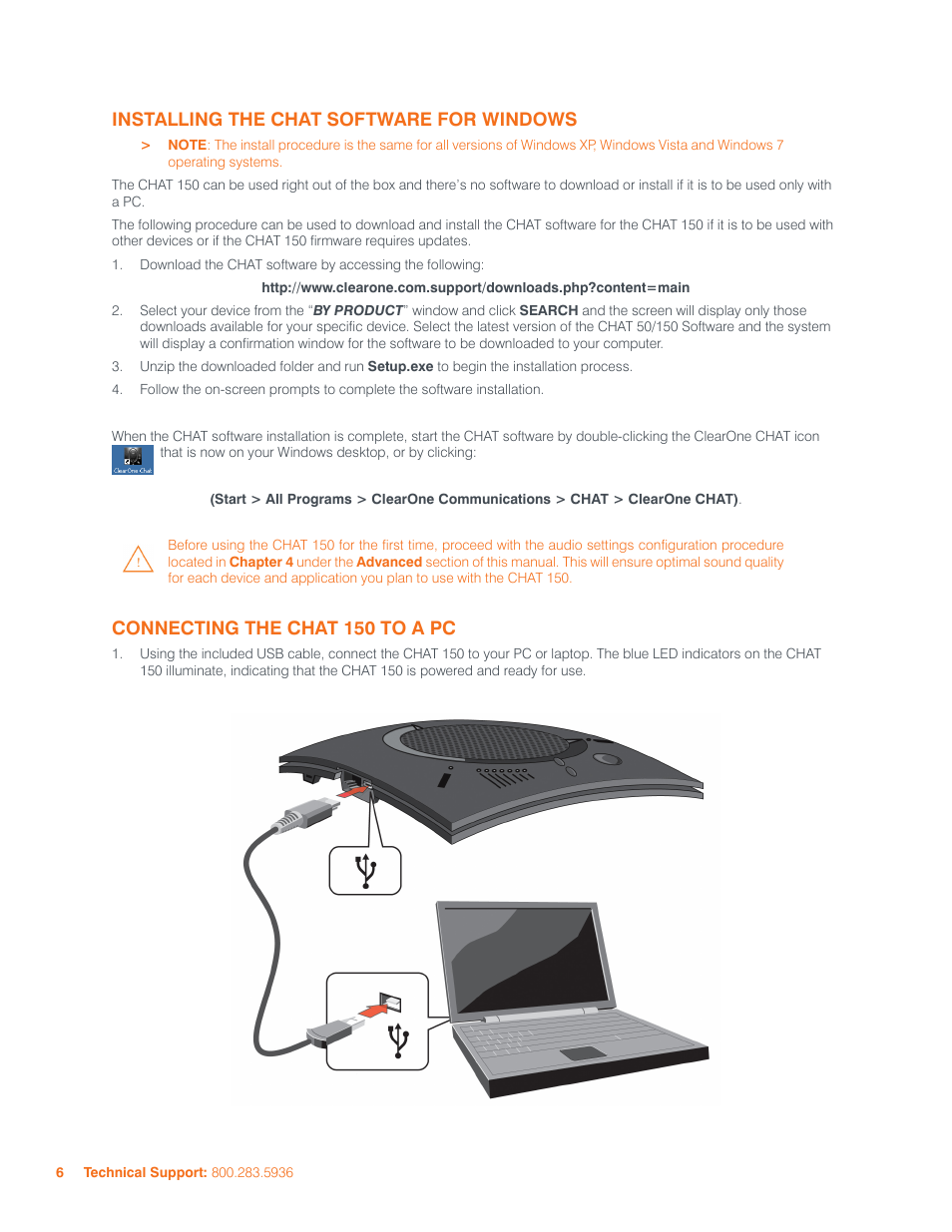 Installing the chat software for windows, Connecting the chat 150 to a pc | ClearOne 800-156-201 Rev2.5 CHAT150 User Manual | Page 9 / 33