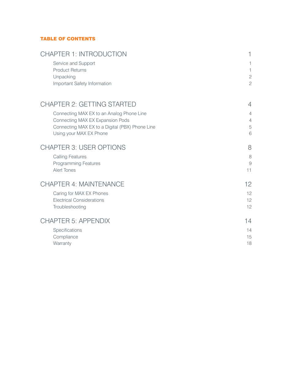 Chapter 1: introduction 1, Chapter 2: getting started 4, Chapter 3: user options 8 | Chapter 4: maintenance 12, Chapter 5: appendix 14 | ClearOne MAX EX/MAXAttach User Manual | Page 3 / 22