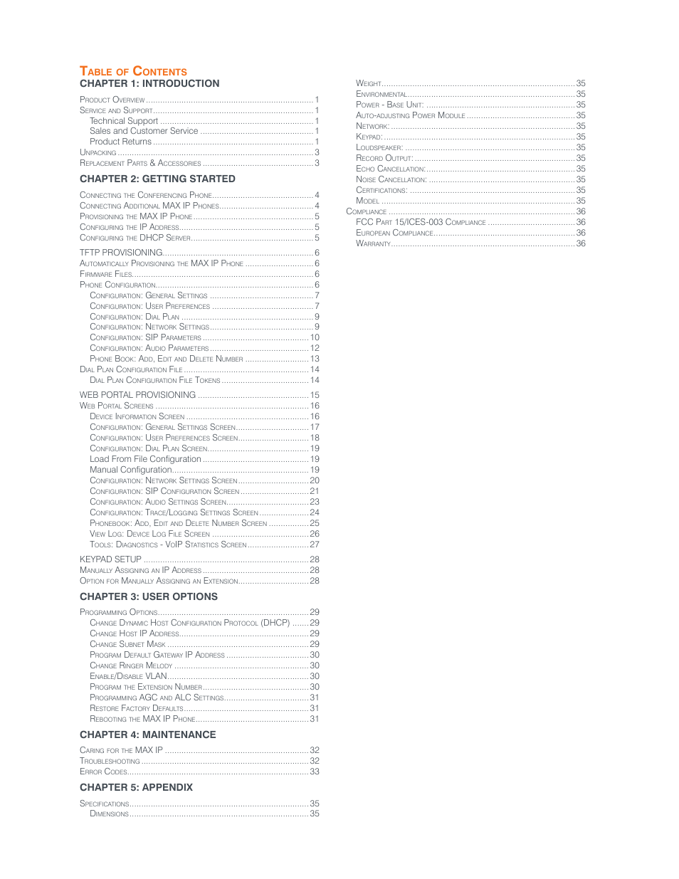 Chapter 1: introduction, Chapter 2: getting started, Chapter 3: user options | Chapter 4: maintenance, Chapter 5: appendix | ClearOne MAX IP/MAXAttach IP User Manual | Page 3 / 39