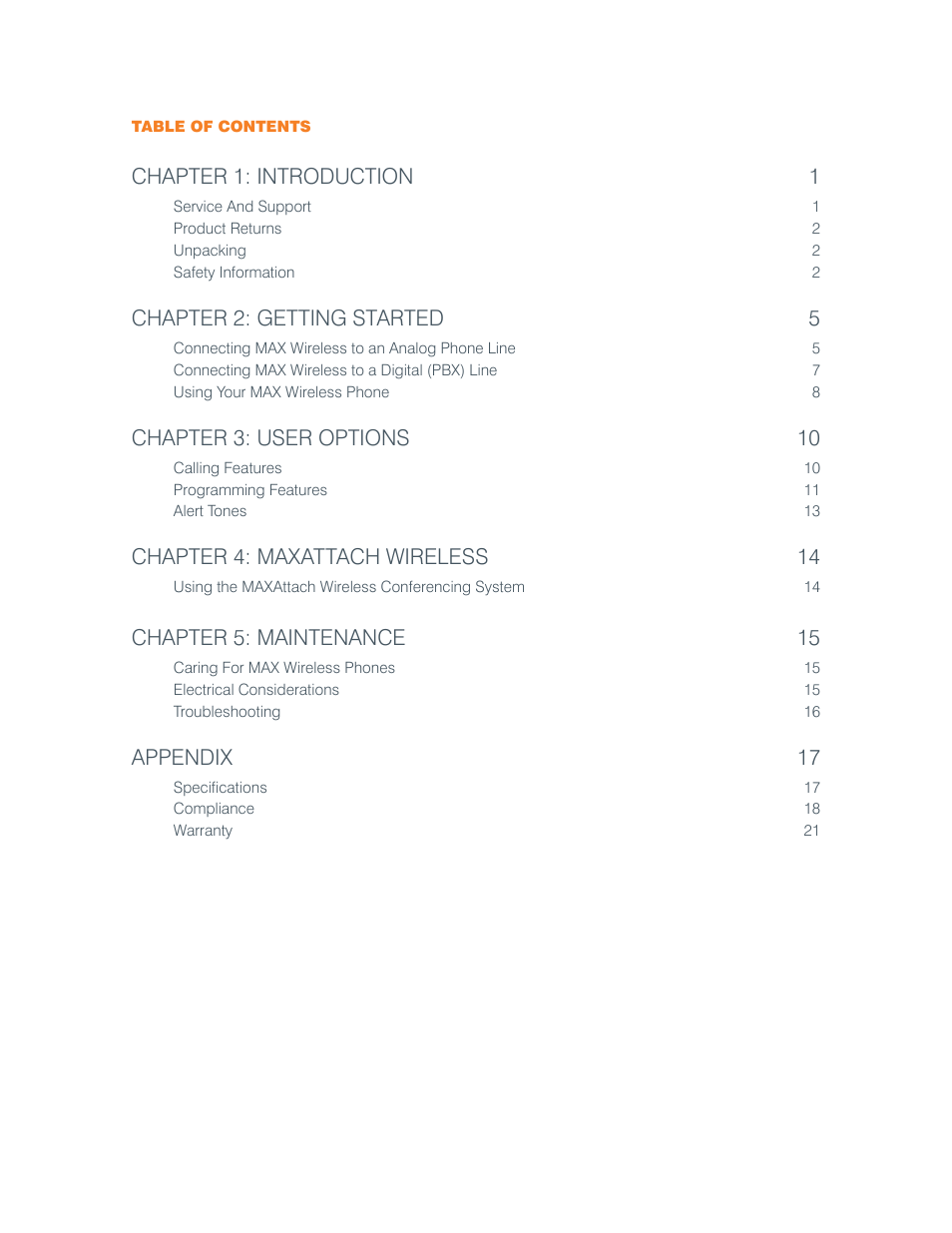 Chapter 1: introduction 1, Chapter 2: getting started 5, Chapter 3: user options 10 | Chapter 4: maxattach wireless 14, Chapter 5: maintenance 15, Appendix 17 | ClearOne MAX Wireless/MAXAttach Wireless User Manual | Page 3 / 25