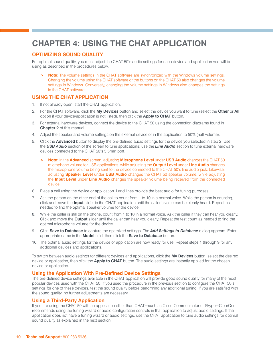 Chapter 4: using the chat application, Sing, Pplication | Efined, Evice, Ettings, Hird, Arty | ClearOne CHAT 50 Manual User Manual | Page 13 / 25