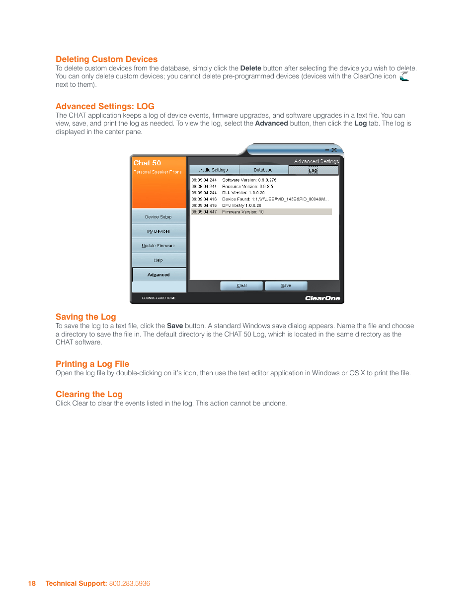 Eleting, Ustom, Evices | Dvanced, Ettings, Aving, Rinting, Learing | ClearOne CHAT 50 Manual User Manual | Page 21 / 25
