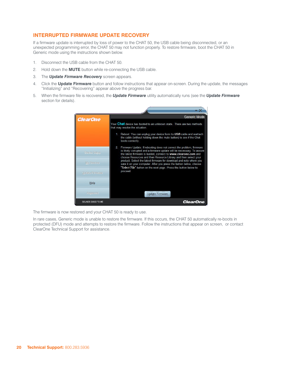 Interrupted firmware update recovery | ClearOne CHAT 50 Manual User Manual | Page 23 / 25