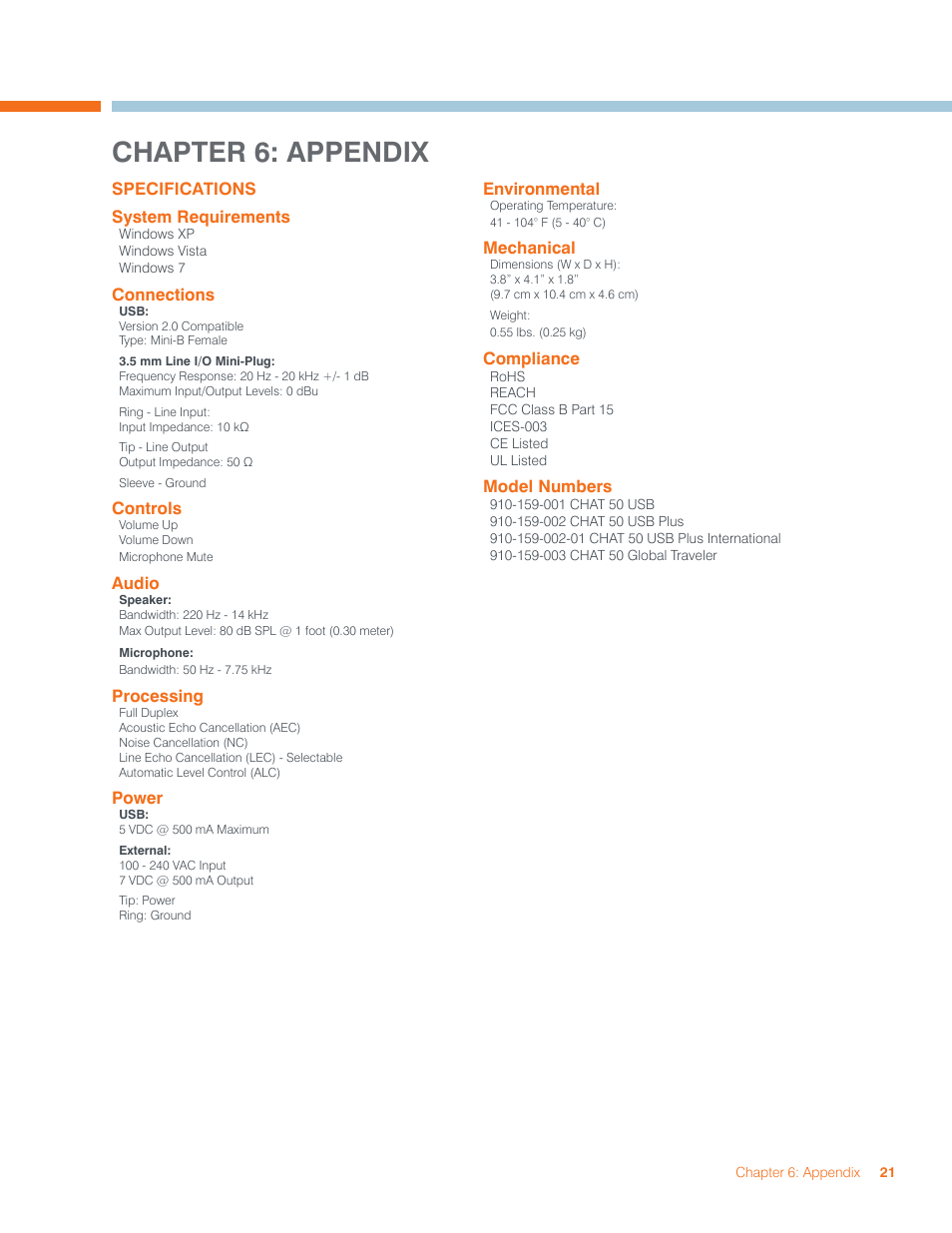 Chapter 6: appendix, Specifications, Ystem | Equirements, Onnections, Ontrols, Udio, Rocessing, Ower, Nvironmental | ClearOne CHAT 50 Manual User Manual | Page 24 / 25